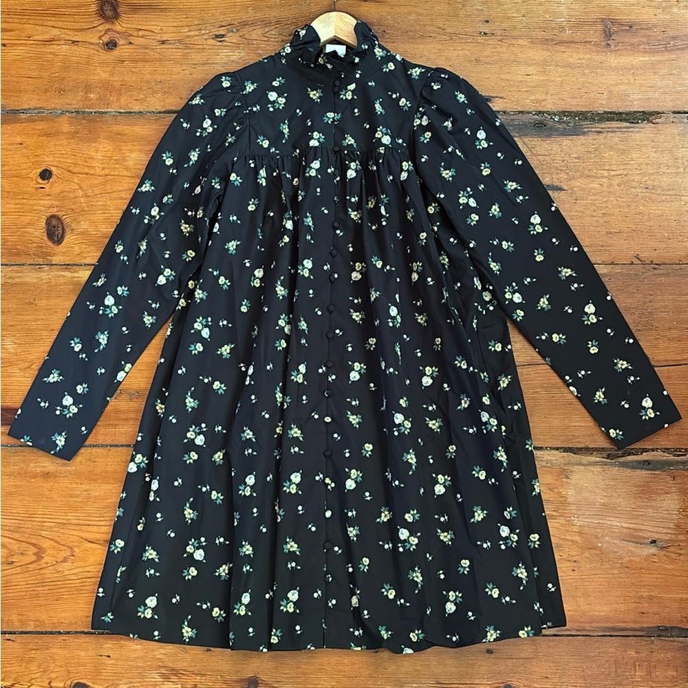 H&M Black Floral Long Sleeve Shift Mini Dress, size S